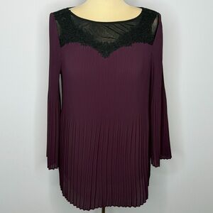 Chico’s Black Label Dark Purple Pleated Black Lace Blouse